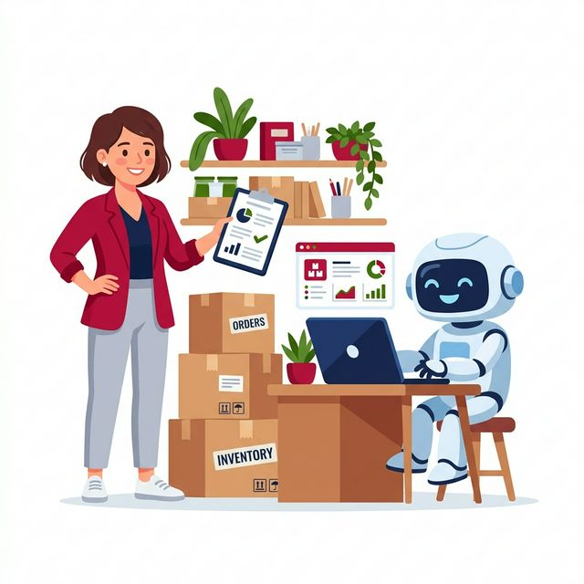 Manager sonriente con cajas de inventario ayudado por un bot con computadora